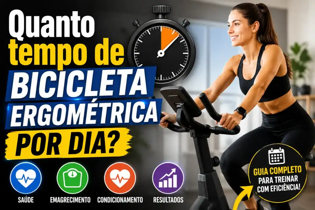 Mulher treinando em uma bicicleta ergométrica com cronômetro ao fundo e o título "Quanto tempo de bicicleta ergométrica por dia?", ilustrando um guia sobre a duração ideal dos treinos para saúde, emagrecimento e condicionamento físico
