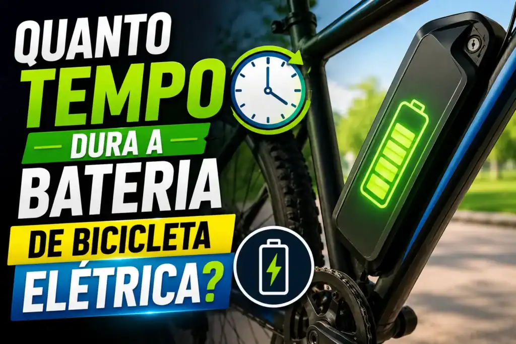 Thumbnail ilustrando uma bicicleta elétrica com bateria removível em destaque, indicador de carga e ícone de relógio, acompanhada do título "Quanto tempo dura a bateria de bicicleta elétrica?". A imagem representa a vida útil, os ciclos de carga e a autonomia de uma e-bike.
