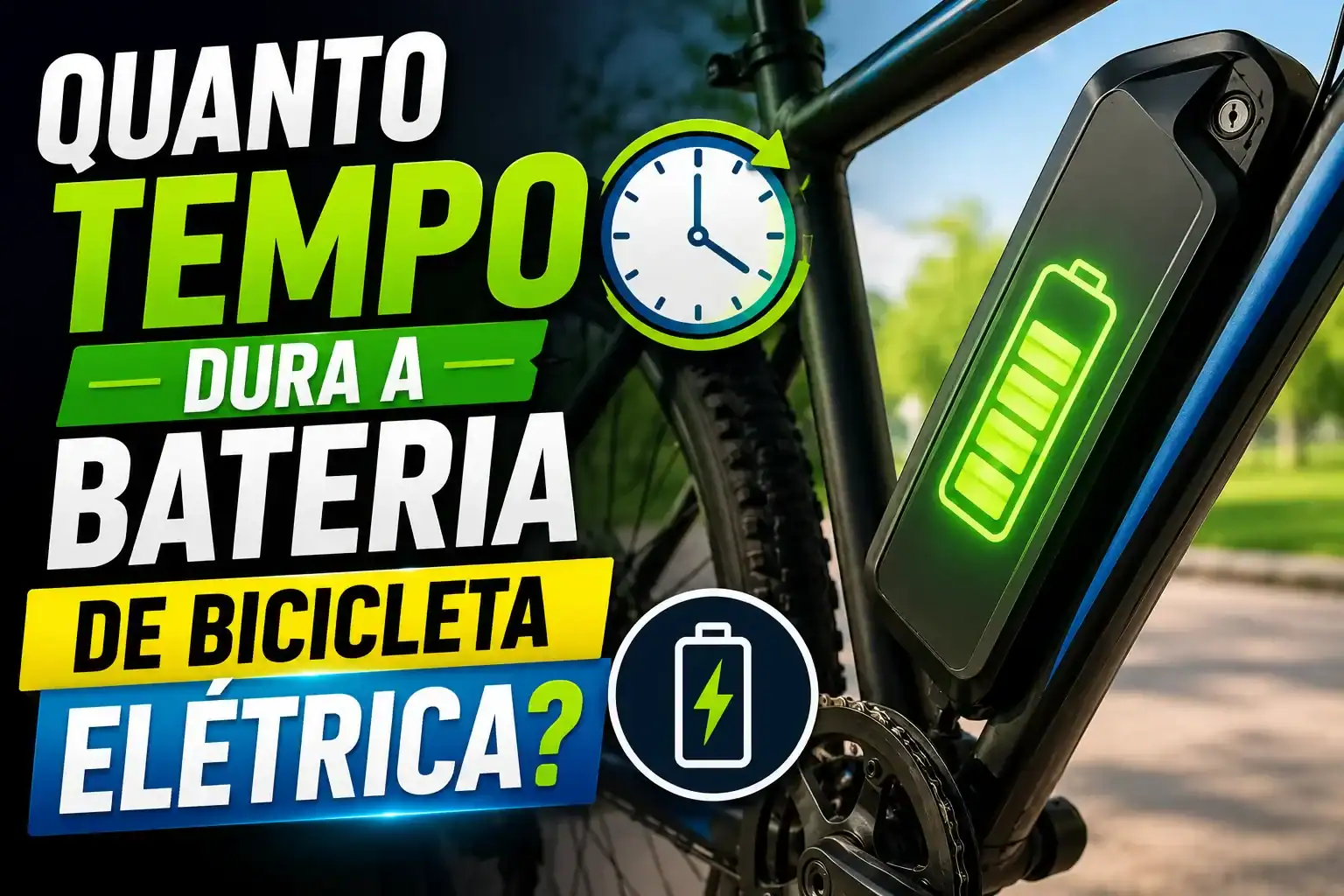 Thumbnail ilustrando uma bicicleta elétrica com bateria removível em destaque, indicador de carga e ícone de relógio, acompanhada do título "Quanto tempo dura a bateria de bicicleta elétrica?". A imagem representa a vida útil, os ciclos de carga e a autonomia de uma e-bike.