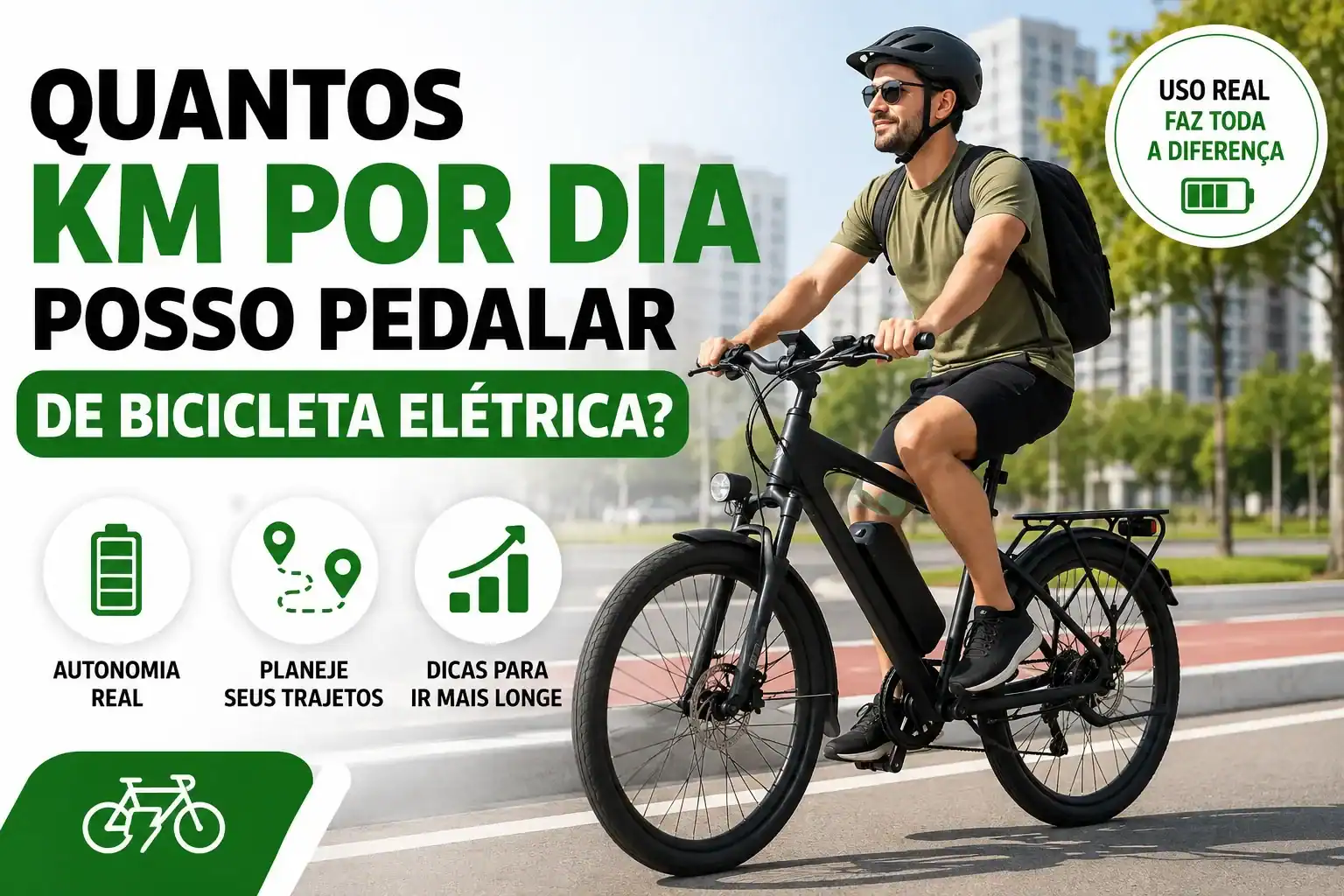 Homem pedalando uma bicicleta elétrica em área urbana com destaque para a autonomia diária da bateria e o título "Quantos km por dia posso pedalar de bicicleta elétrica?".