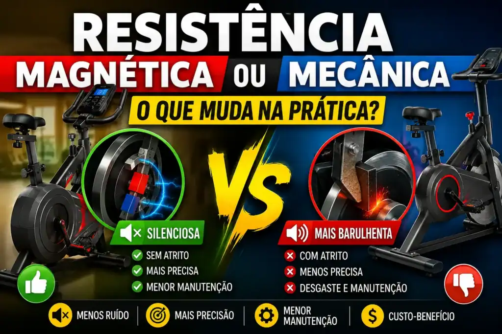 Bicicleta ergométrica com resistência magnética e mecânica lado a lado em comparação visual, destacando as diferenças de ruído, precisão, manutenção e funcionamento para ajudar na escolha do melhor sistema de resistência.