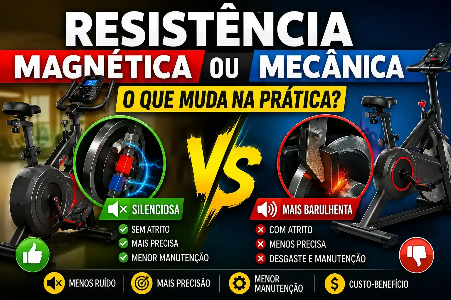 Bicicleta ergométrica com resistência magnética e mecânica lado a lado em comparação visual, destacando as diferenças de ruído, precisão, manutenção e funcionamento para ajudar na escolha do melhor sistema de resistência.
