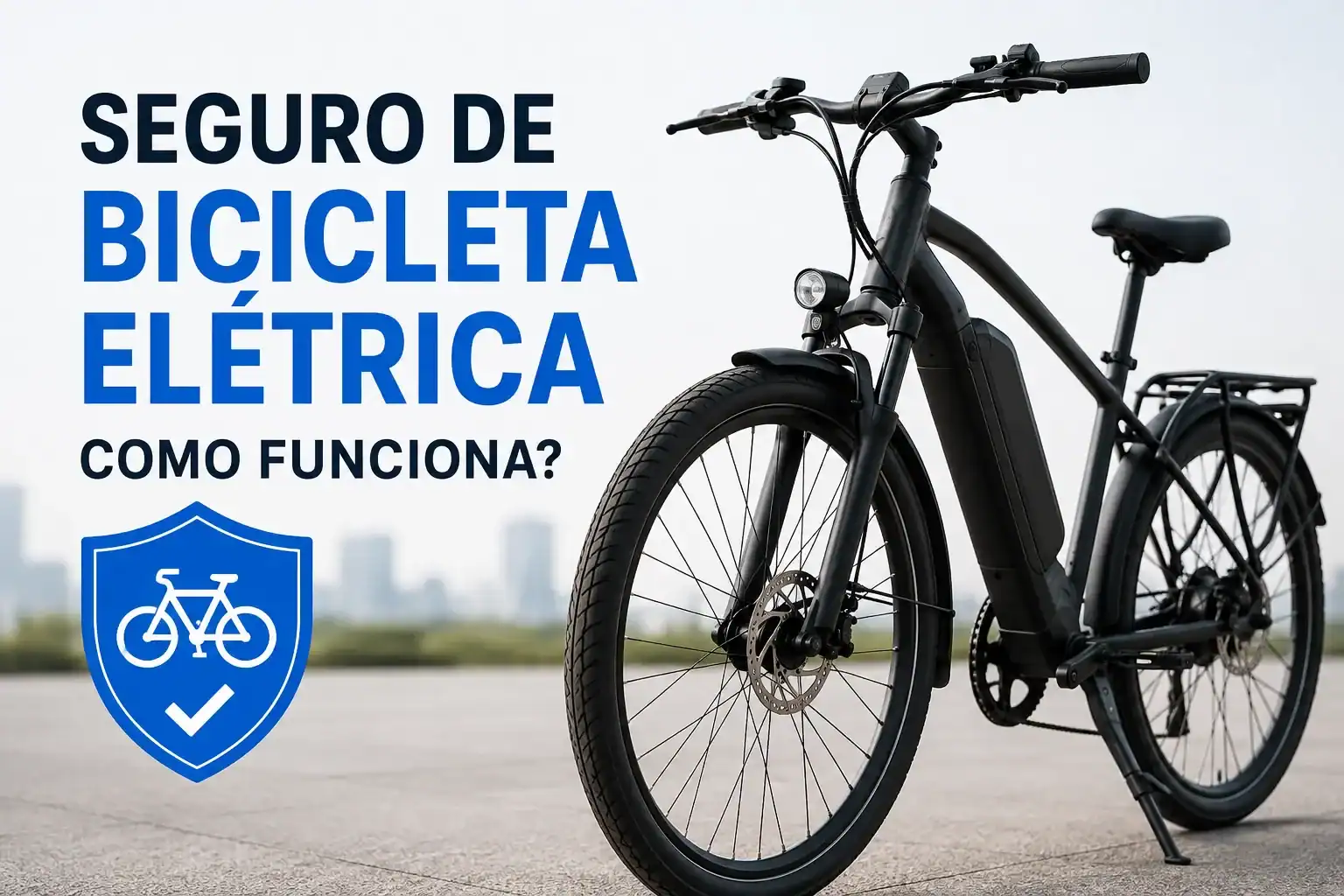 Bicicleta elétrica preta com símbolo de seguro e texto “Seguro de bicicleta elétrica: como funciona?”