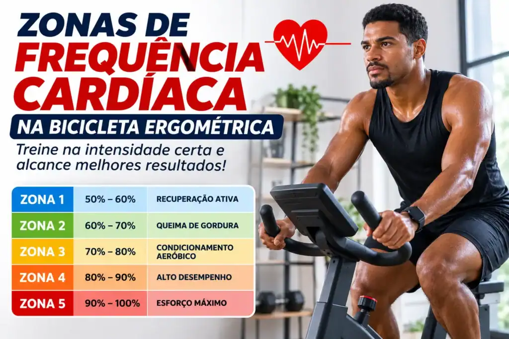 Homem moreno pedalando em uma bicicleta ergométrica em ambiente moderno, ao lado de um infográfico com as zonas de frequência cardíaca (Zona 1 a Zona 5), mostrando as faixas ideais de intensidade para emagrecimento, condicionamento físico e treino de alta performance.