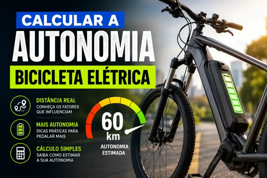 Calcular a autonomia bicicleta elétrica mostrando uma e-bike com bateria integrada e indicador de autonomia estimada