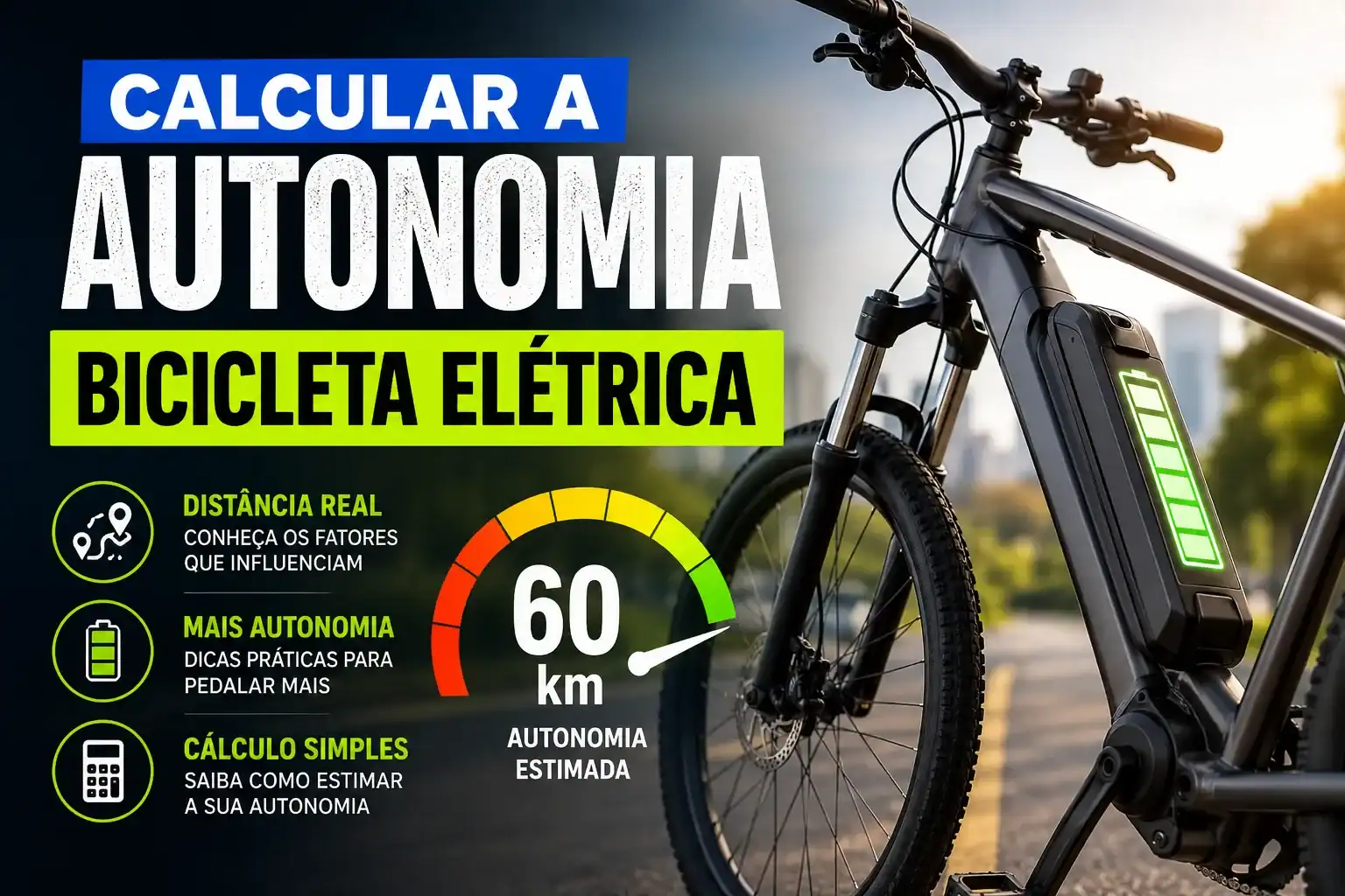 Calcular a autonomia bicicleta elétrica mostrando uma e-bike com bateria integrada e indicador de autonomia estimada