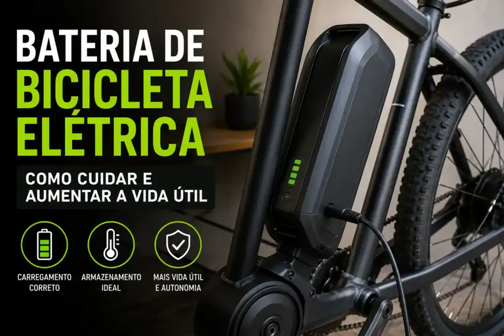 Bateria de bicicleta elétrica sendo carregada com segurança para aumentar sua vida útil e autonomia