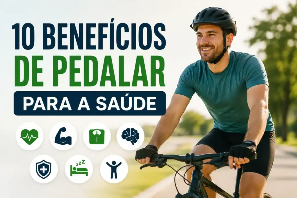 10 benefícios de pedalar para a saúde, com ciclista andando de bicicleta ao ar livre.