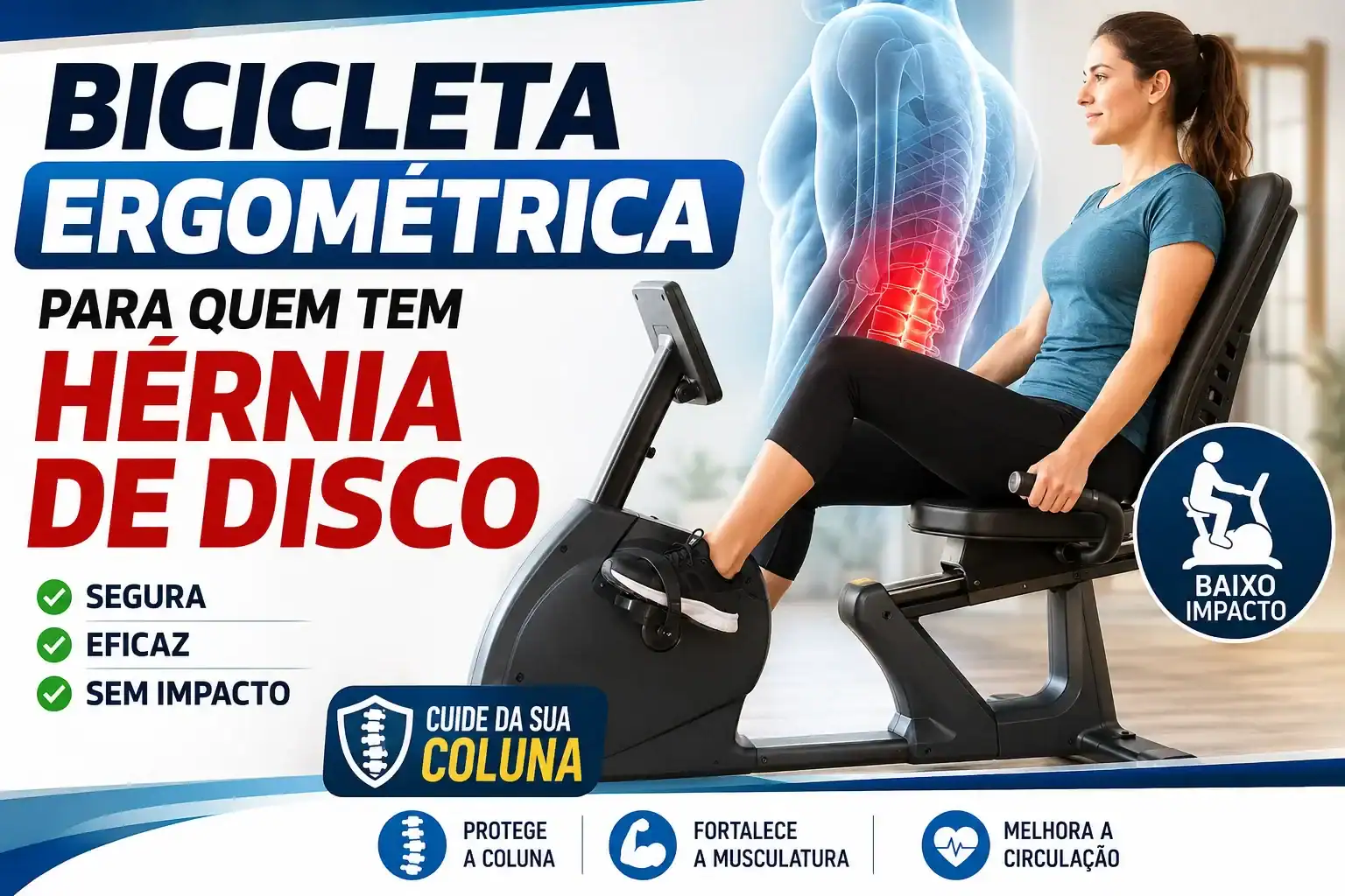 Pessoa utilizando uma bicicleta ergométrica horizontal com destaque para a região lombar da coluna, ilustrando o uso seguro da bicicleta ergométrica para quem tem hérnia de disco.