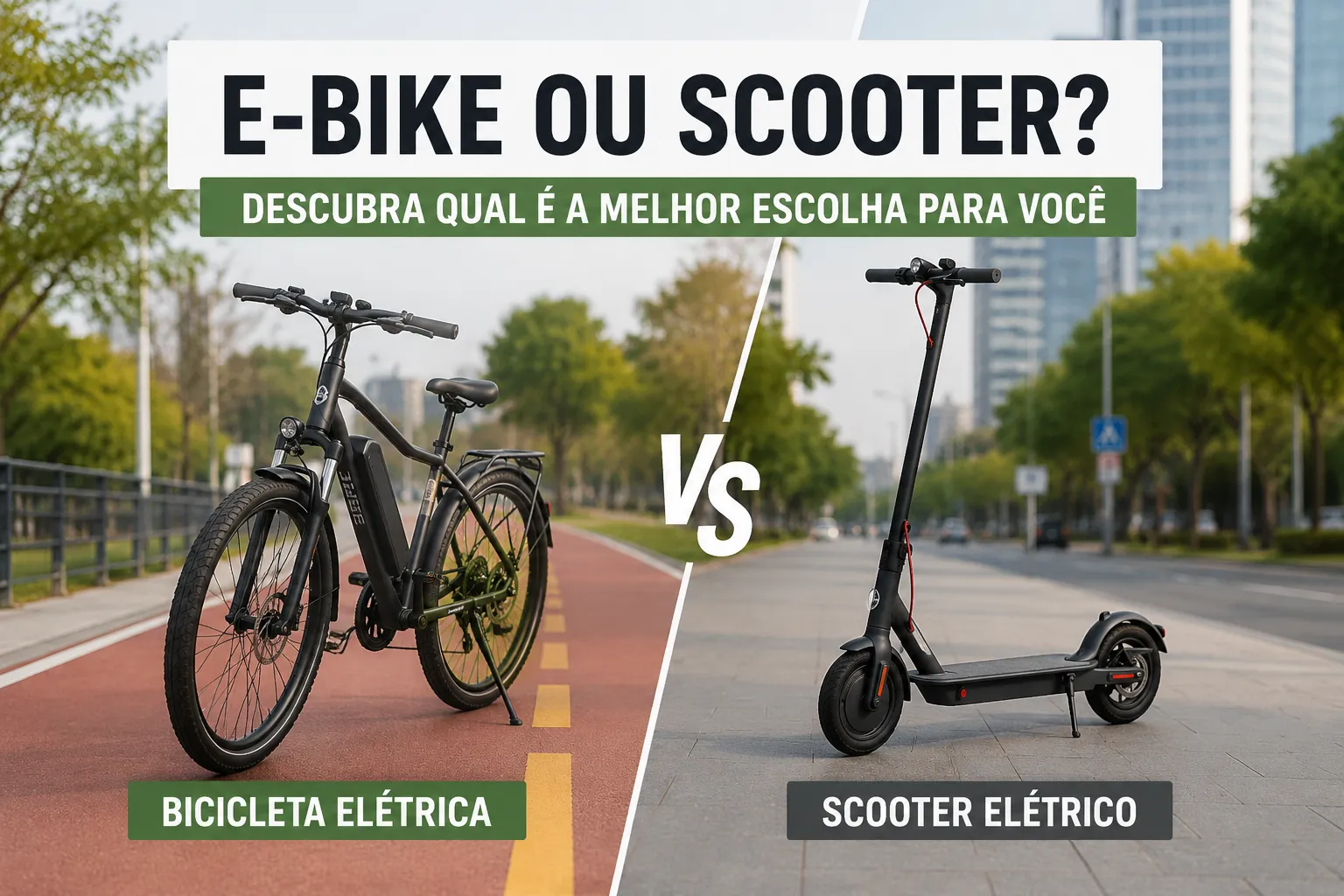Bicicleta elétrica e scooter elétrico em comparação em uma ciclovia urbana, destacando as diferenças entre os dois veículos.