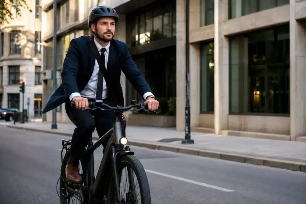 Homem pedalando uma bicicleta elétrica em uma rua urbana enquanto vai para o trabalho, usando capacete e roupa social.