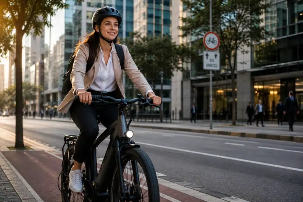 Mulher pedalando uma bicicleta elétrica em uma avenida urbana a caminho do trabalho, usando capacete, mochila e roupas sociais.