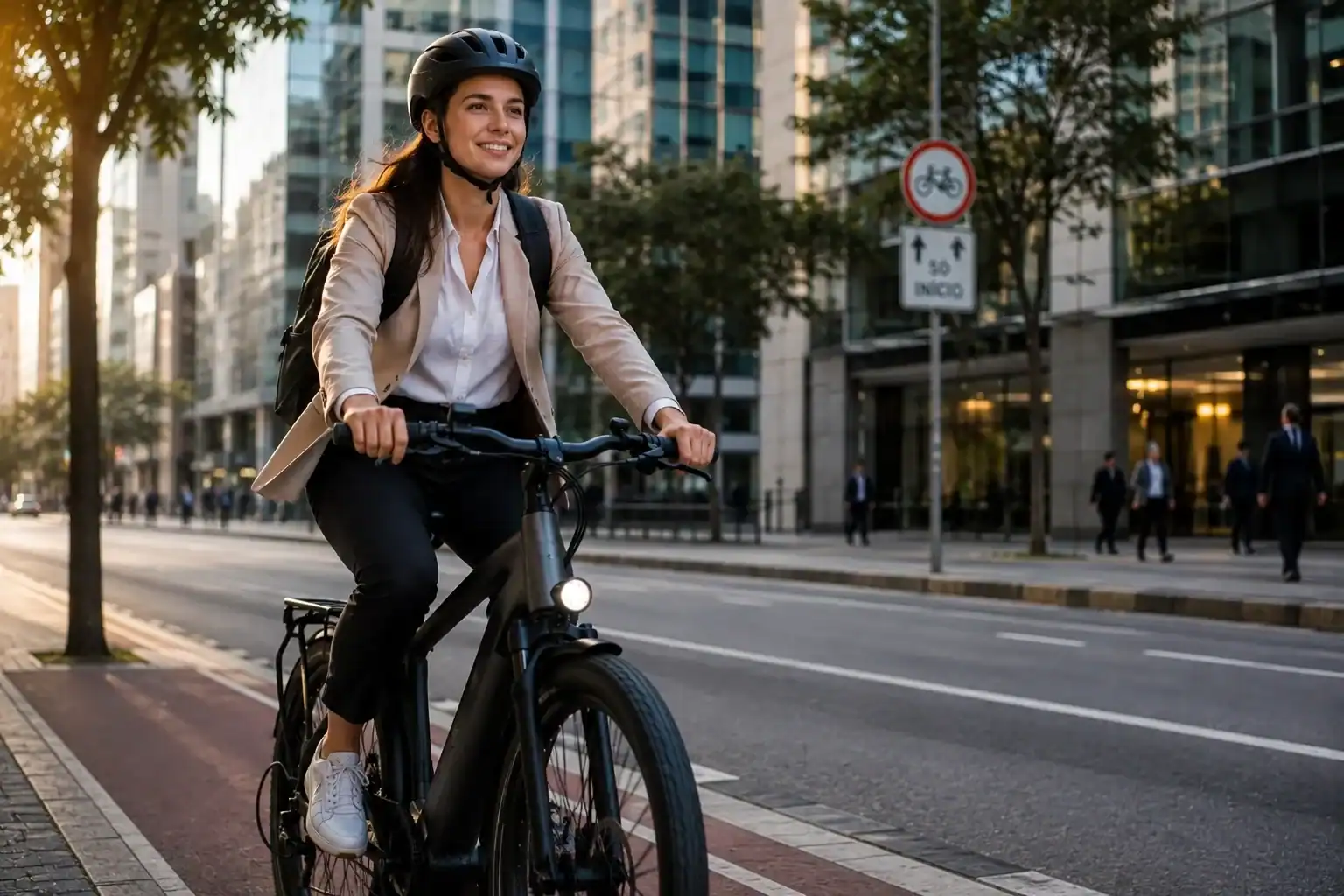 Mulher pedalando uma bicicleta elétrica em uma avenida urbana a caminho do trabalho, usando capacete, mochila e roupas sociais.