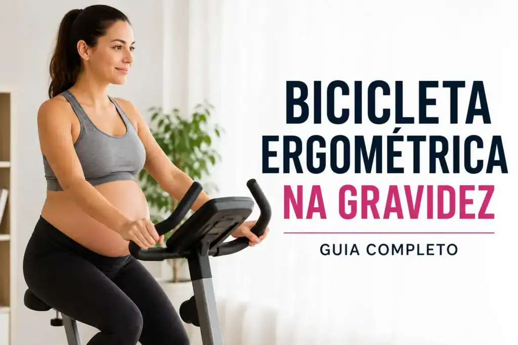 Gestante praticando exercício em bicicleta ergométrica em ambiente doméstico, com a mensagem “Bicicleta Ergométrica na Gravidez”.