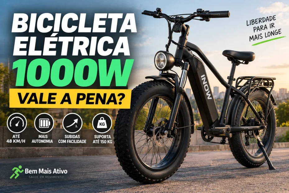 Thumbnail de bicicleta elétrica 1000W preta, com pneus largos, destacando velocidade de até 48 km/h, autonomia, desempenho em subidas e capacidade para até 150 kg.