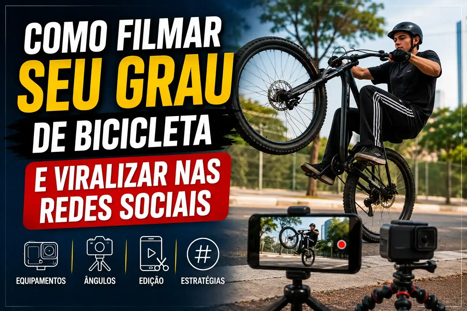 Como filmar seu grau de bicicleta e viralizar nas redes sociais: ciclista realizando um wheelie em uma bicicleta enquanto é filmado por um celular e uma câmera de ação sobre tripés. A thumbnail destaca técnicas de gravação, equipamentos, ângulos, edição e estratégias para criar vídeos de bicicleta para TikTok, Instagram e YouTube.