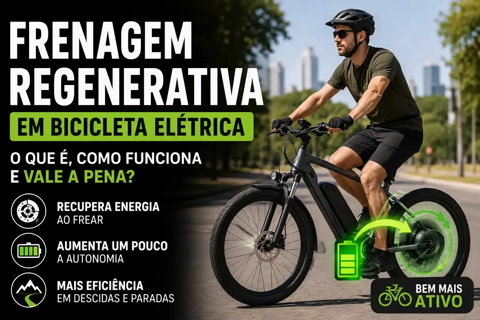 Homem pedalando uma bicicleta elétrica em uma avenida enquanto a imagem destaca o funcionamento da frenagem regenerativa, com ilustrações de recuperação de energia, bateria e autonomia. Thumbnail sobre como a frenagem regenerativa funciona em bicicletas elétricas e se realmente vale a pena.
