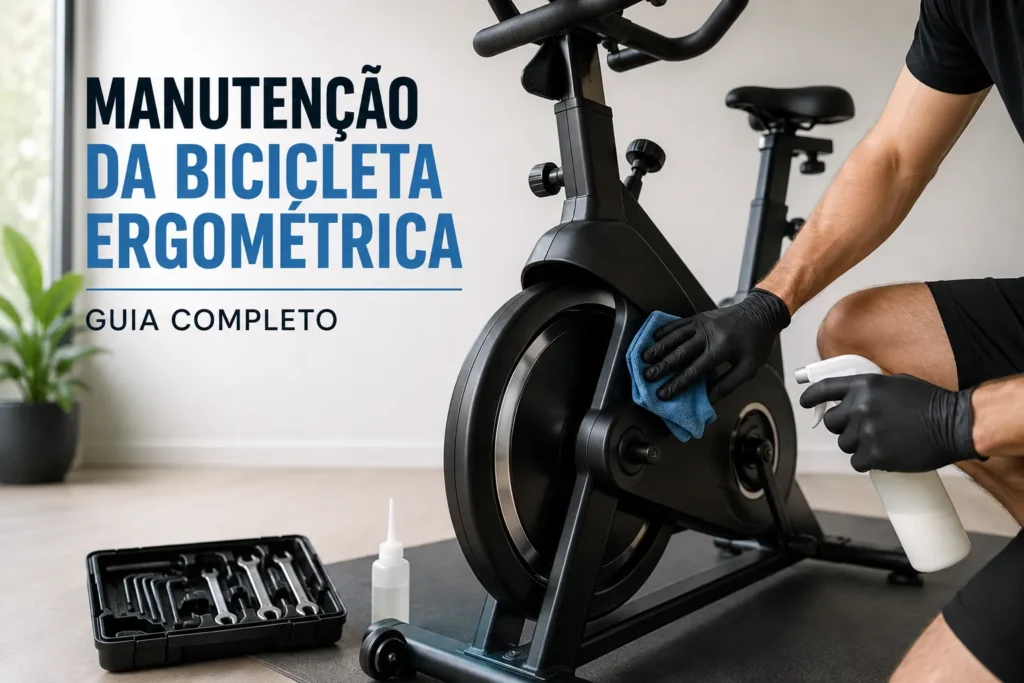 Bicicleta ergométrica sendo limpa durante manutenção preventiva em ambiente doméstico