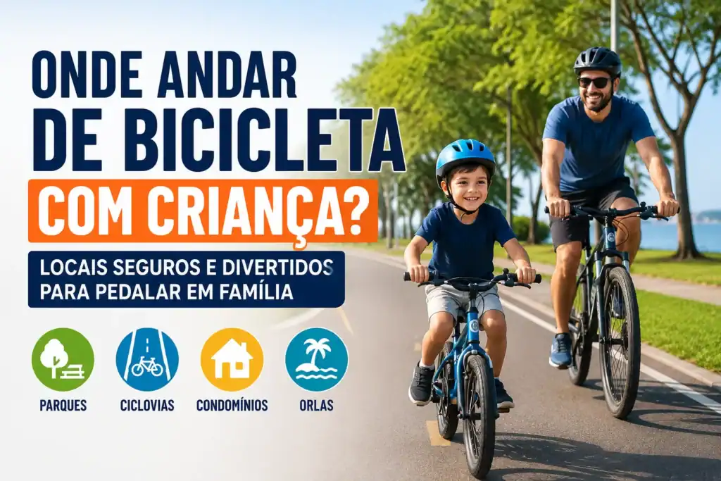 Família pedalando em uma ciclovia arborizada, com pai e criança usando capacetes, representando os melhores lugares para andar de bicicleta com criança com segurança, como parques, ciclovias, condomínios e orlas.