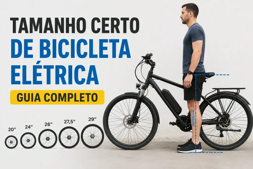 Tamanho certo de bicicleta elétrica com diferentes aros e indicação da medida da perna para escolher o quadro ideal