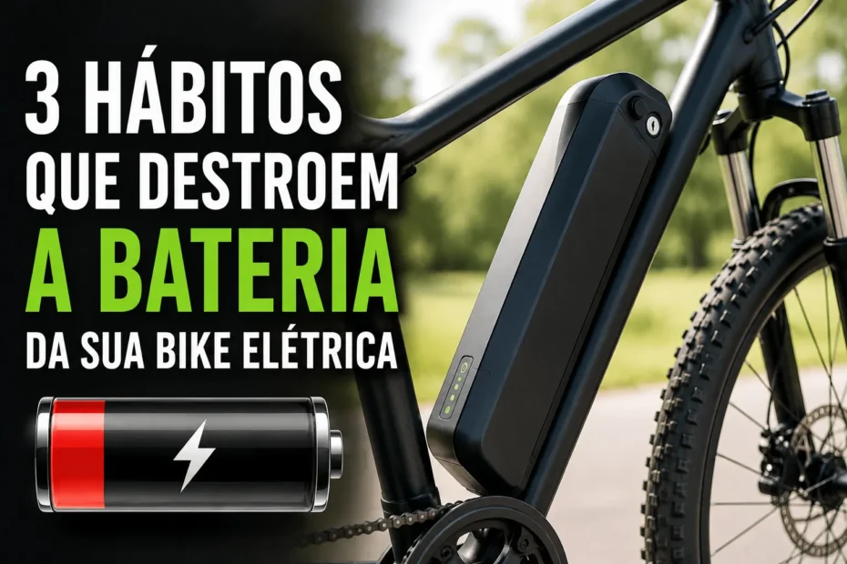 3 hábitos que destroem a bateria da bicicleta elétrica, com destaque para a bateria de lítio instalada no quadro de uma e-bike.