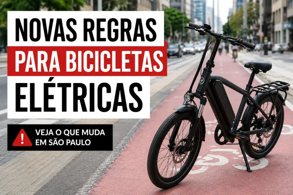 Bicicleta elétrica preta em ciclovia de São Paulo com destaque para as novas regras de circulação dos veículos elétricos.