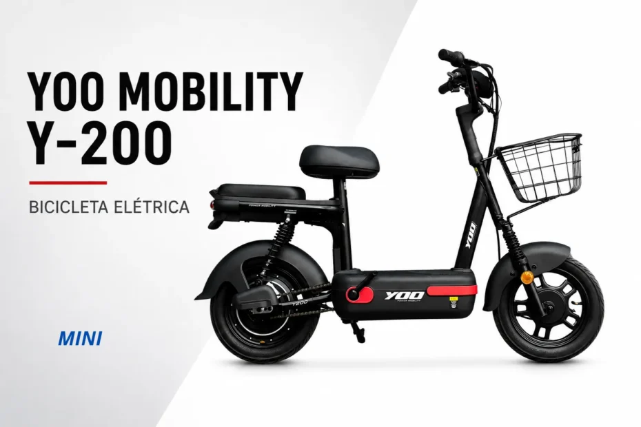 Bicicleta elétrica Yoo Mobility Y-200 preta com cesta dianteira, acompanhada do nome do modelo e da categoria bicicleta elétrica.