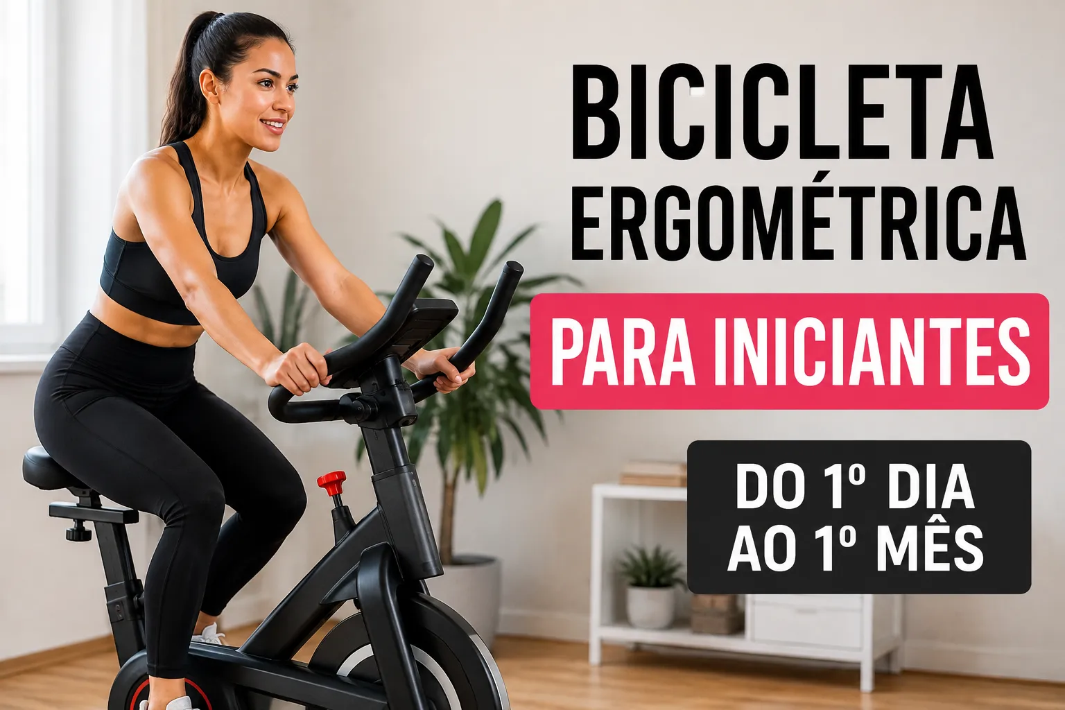 Mulher iniciando treino em bicicleta ergométrica em ambiente residencial, com destaque para exercícios do primeiro dia ao primeiro mês.