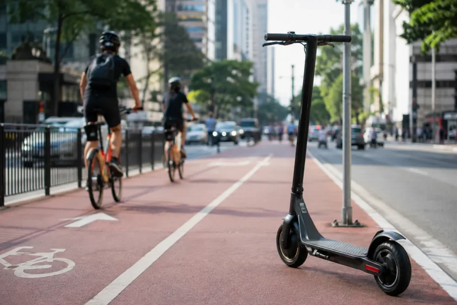 Scooter elétrica em ciclovia de São Paulo com ciclistas ao fundo e prédios urbanos.