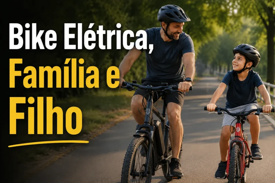Pai e filho usando capacetes e pedalando juntos, com o pai em uma bicicleta elétrica e o filho em uma bicicleta vermelha elétrica, em uma ciclovia arborizada.