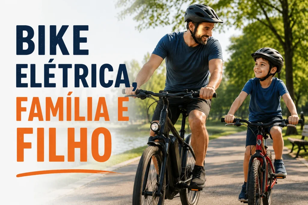 Pai e filho usando capacetes e pedalando juntos, com o pai em uma bicicleta elétrica e o filho em uma bicicleta vermelha, em uma ciclovia arborizada.