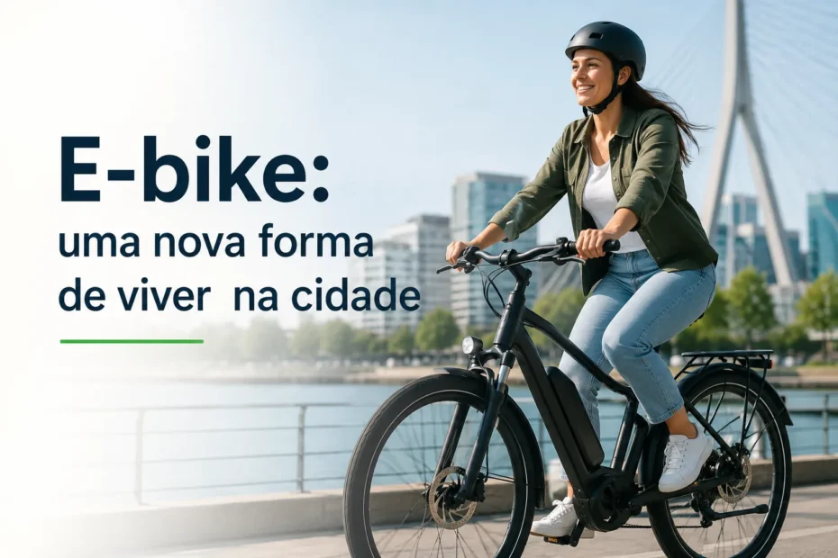 Mulher usando bicicleta elétrica em área urbana à beira da água, com prédios e ponte ao fundo, acompanhada do título “E-bike: uma nova forma de viver na cidade”.