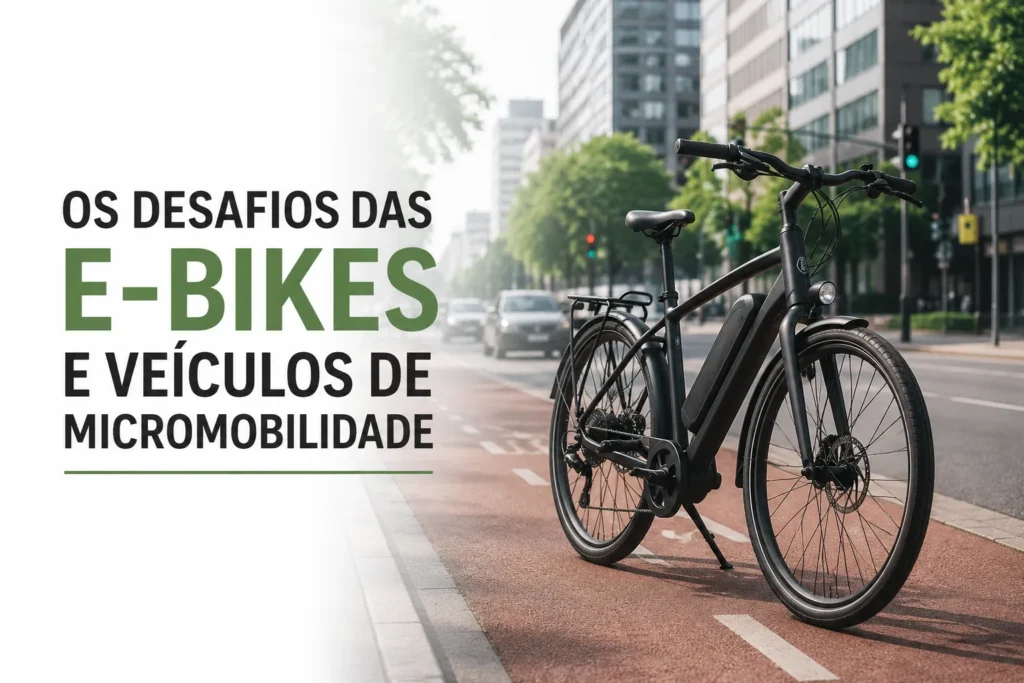 Bicicleta elétrica preta em ciclovia urbana, com prédios e trânsito ao fundo, ilustrando os desafios das E-bikes e da micromobilidade nas cidades.