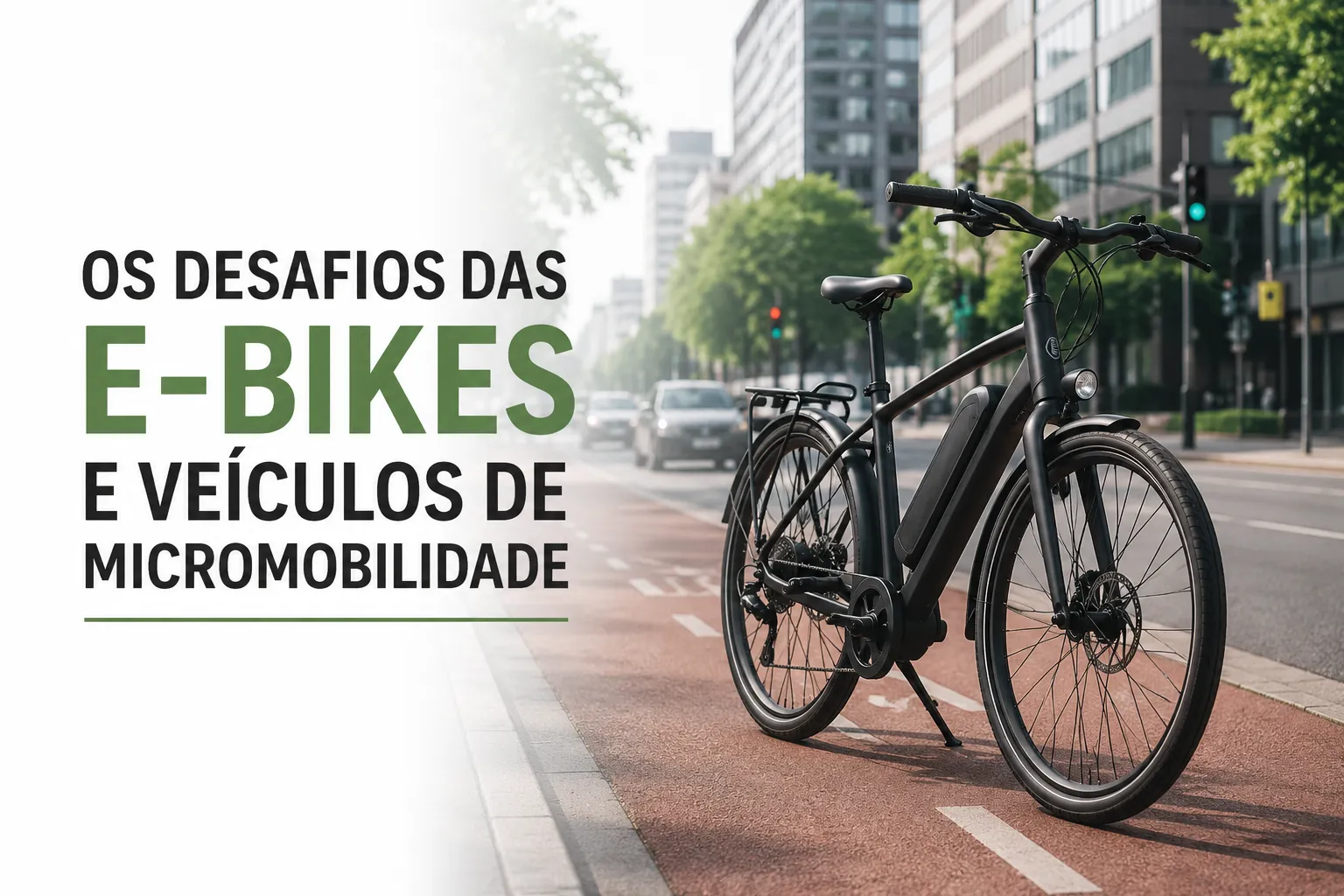 Bicicleta elétrica preta em ciclovia urbana, com prédios e trânsito ao fundo, ilustrando os desafios das E-bikes e da micromobilidade nas cidades.