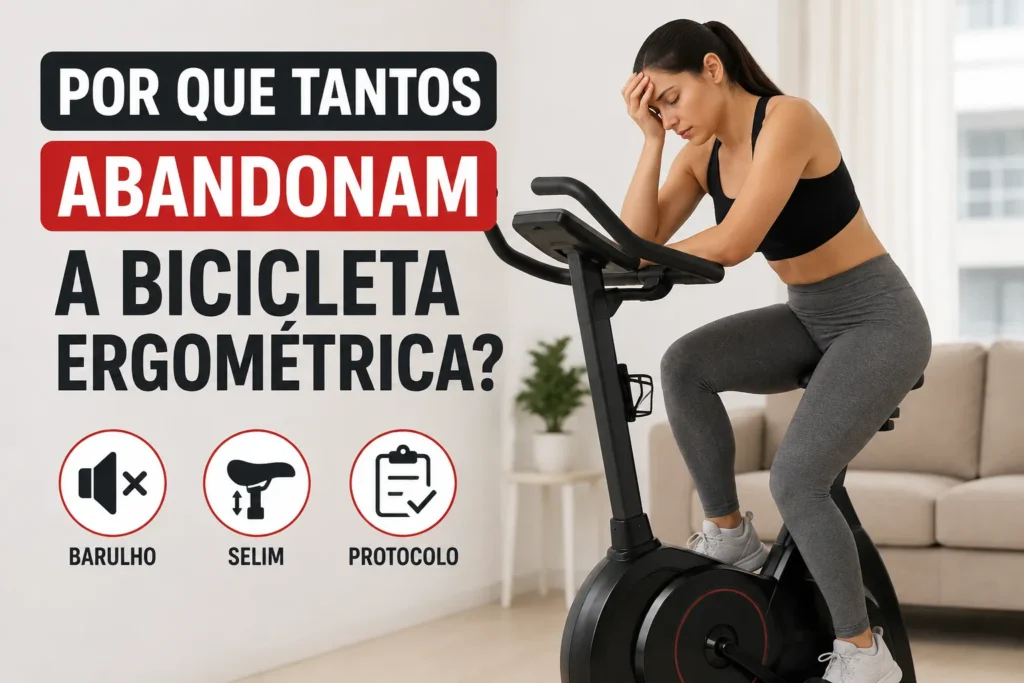 Mulher desmotivada usando bicicleta ergométrica em casa, destacando os principais motivos que levam ao abandono, como barulho, ajuste do selim e falta de protocolo de treino.
