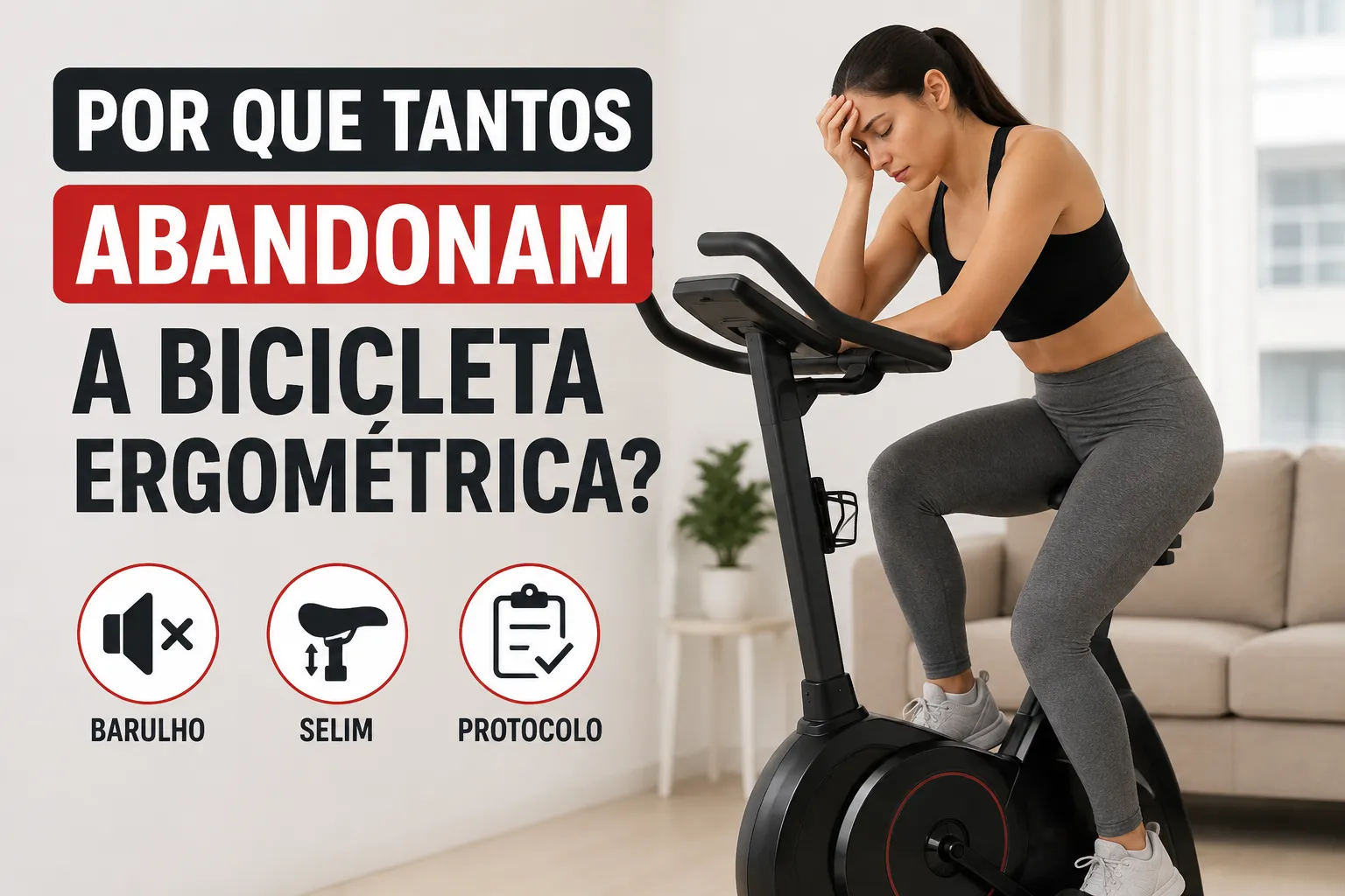 Mulher desmotivada usando bicicleta ergométrica em casa, destacando os principais motivos que levam ao abandono, como barulho, ajuste do selim e falta de protocolo de treino.