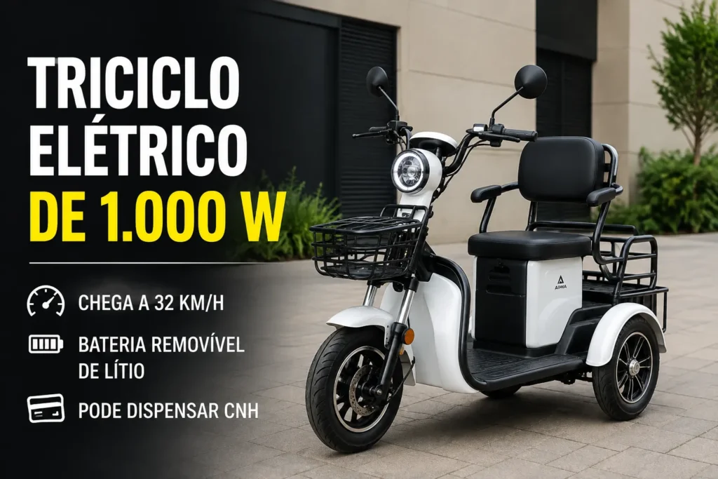 Triciclo elétrico branco de 1.000 W com bateria removível e velocidade de até 32 km/h