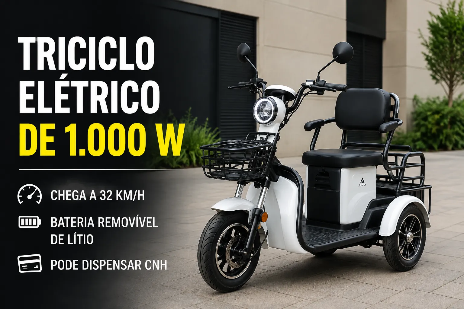 Triciclo elétrico branco de 1.000 W com bateria removível e velocidade de até 32 km/h