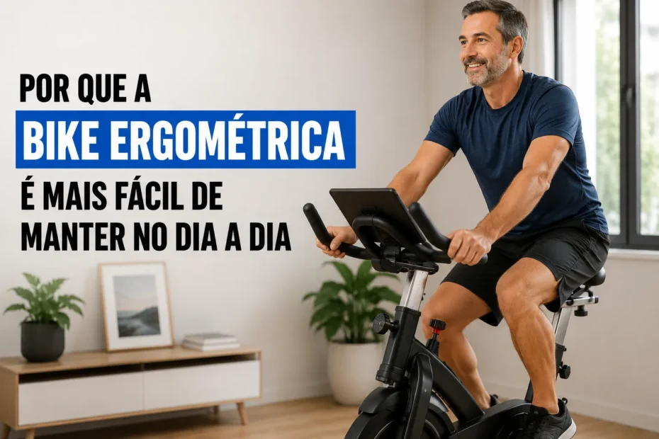 Homem de meia-idade pedalando em uma bicicleta ergométrica em casa, com o título “Por que a bike ergométrica é mais fácil de manter no dia a dia”.