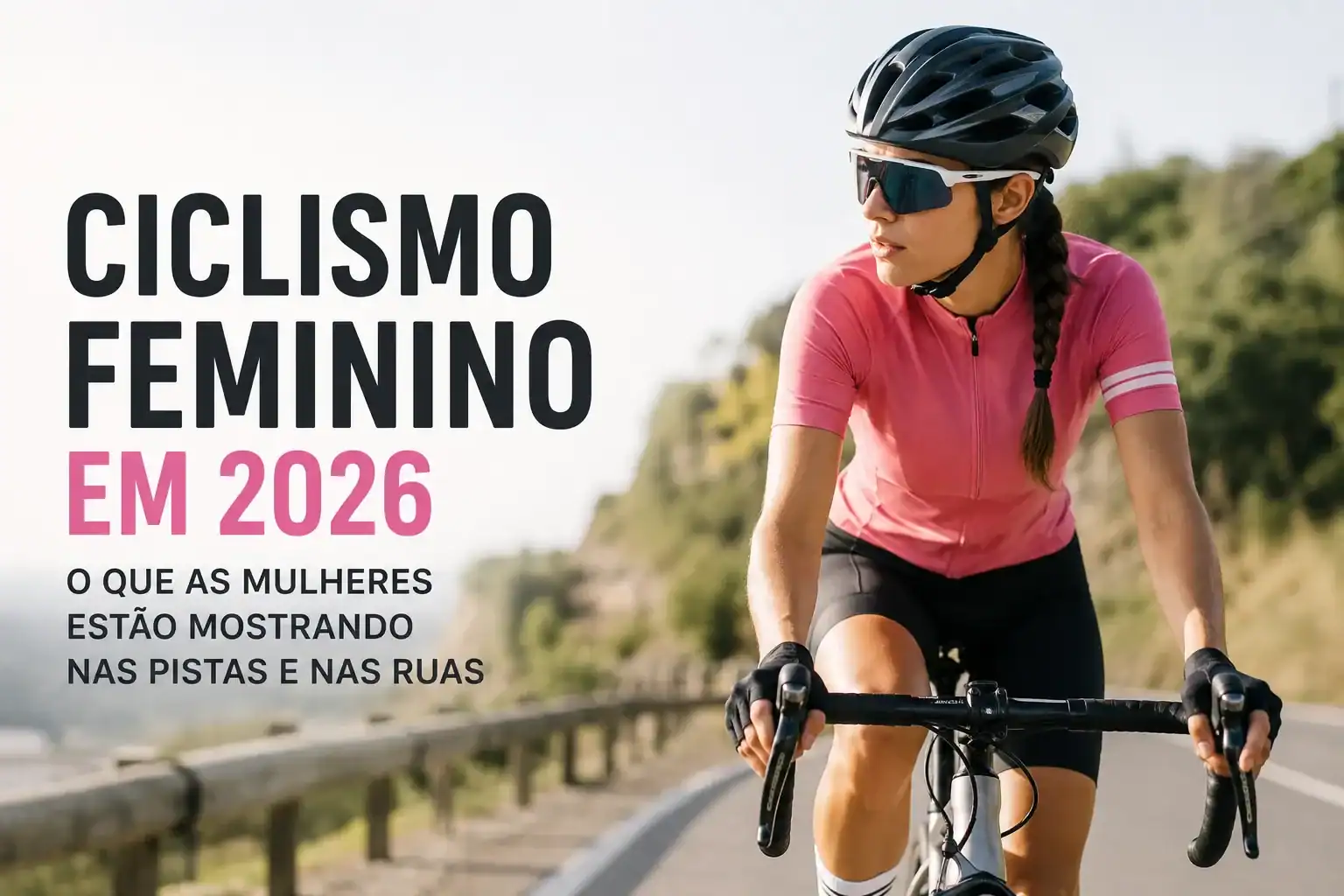 Mulher pedalando bicicleta de estrada em uma rodovia, representando o ciclismo feminino em 2026.