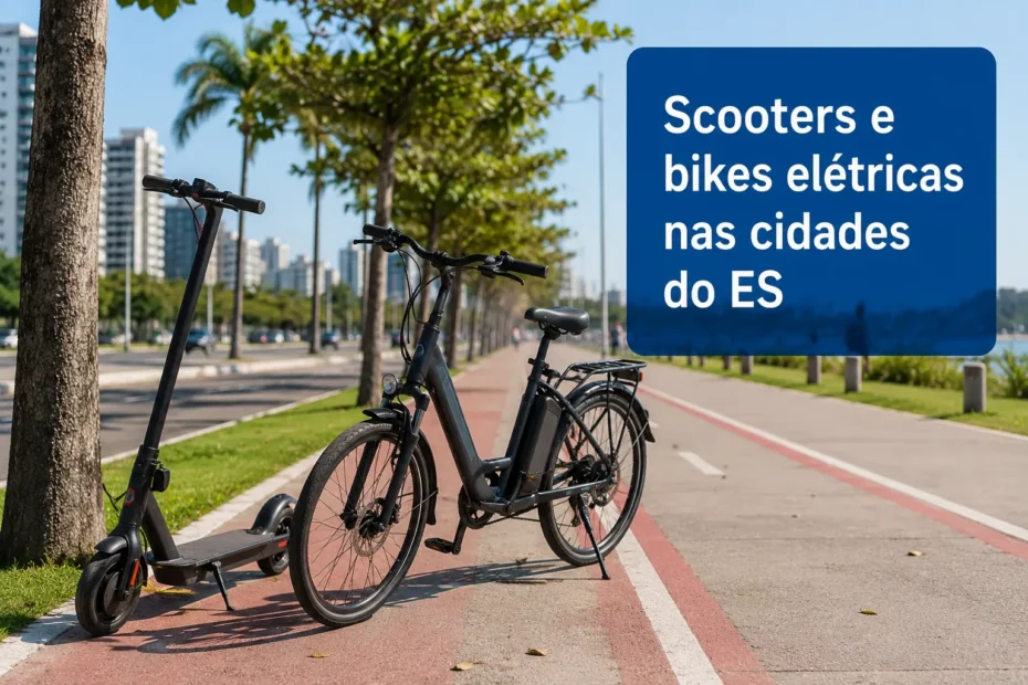 Scooter elétrica e bicicleta elétrica em ciclovia de uma cidade, com árvores, palmeiras e prédios ao fundo, representando a mobilidade elétrica no Espírito Santo.
