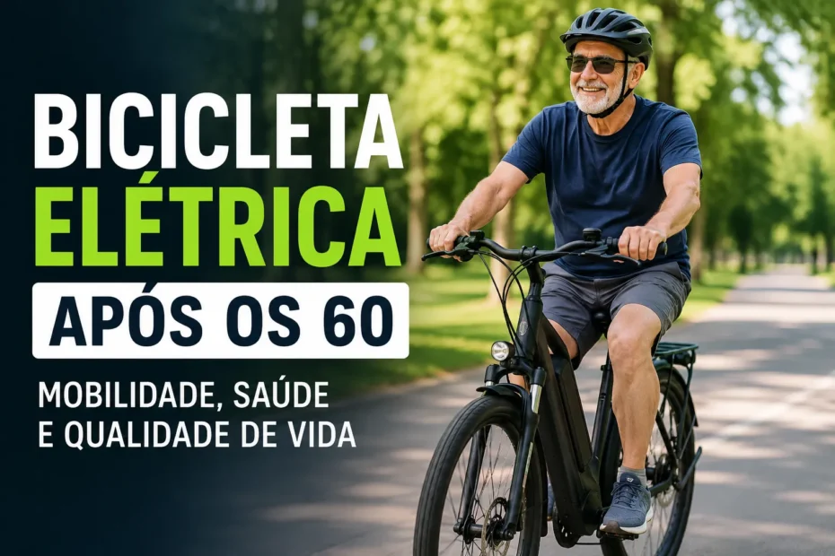 Homem com mais de 60 anos pedalando bicicleta elétrica em parque arborizado, destacando mobilidade, saúde e qualidade de vida.