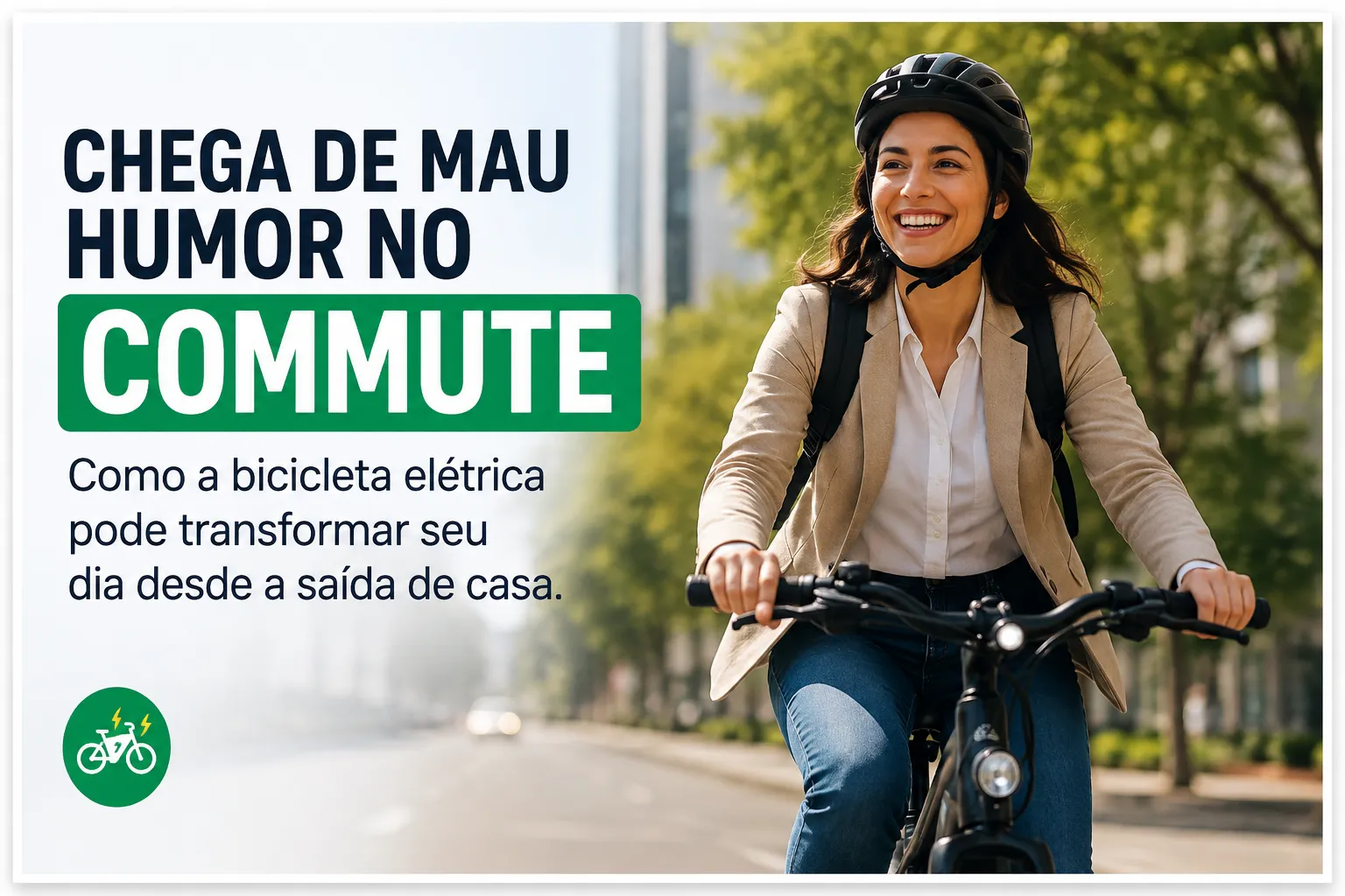 Mulher sorrindo enquanto pedala uma bicicleta elétrica no trajeto para o trabalho, representando os benefícios do commute de e-bike para o humor e o bem-estar.