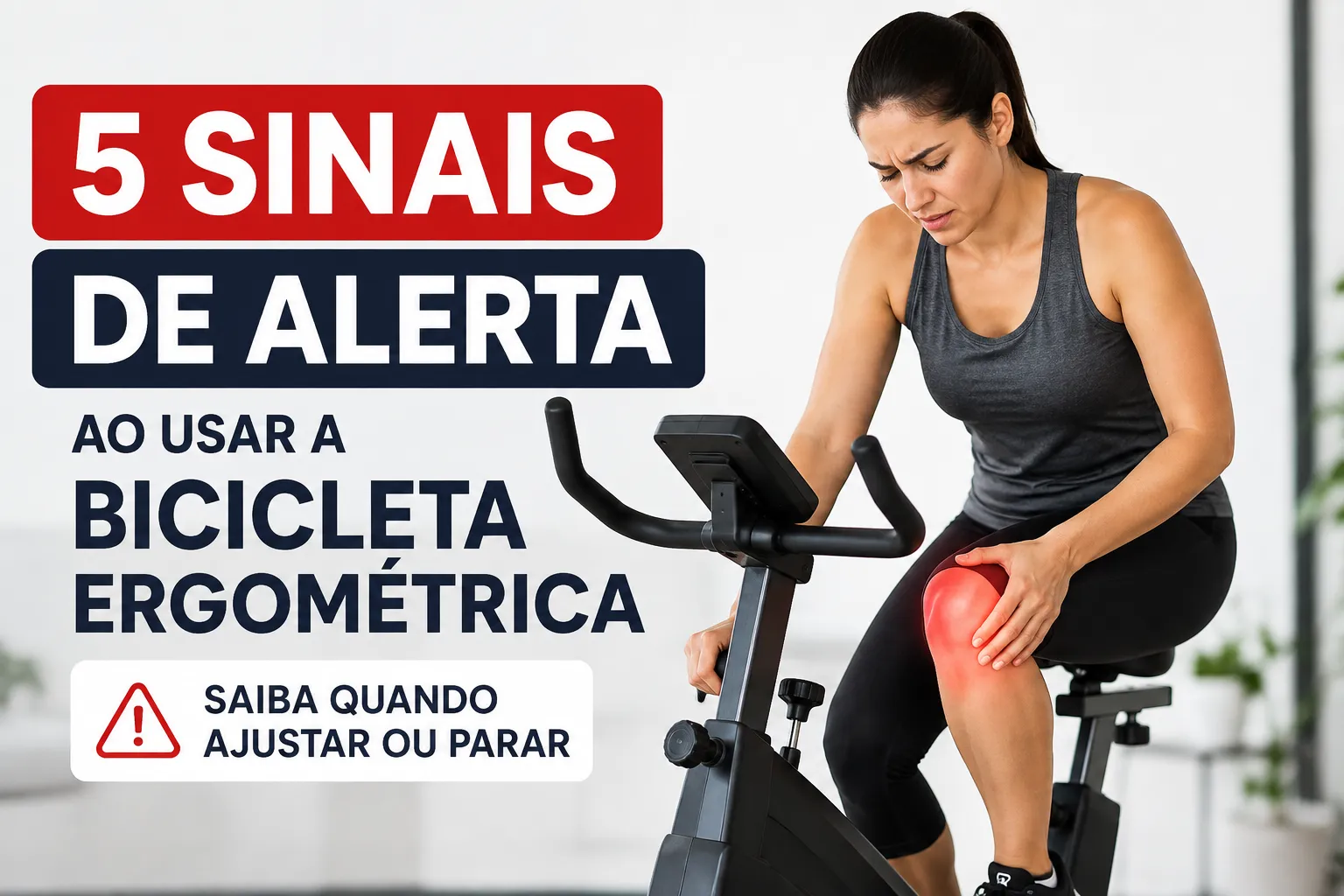 Mulher com dor no joelho durante o uso de bicicleta ergométrica, destacando cinco sinais de alerta para ajustar ou interromper o treino.
