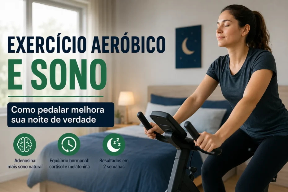 Mulher fazendo exercício em bicicleta ergométrica em casa, destacando a relação entre exercício aeróbico e melhora do sono.