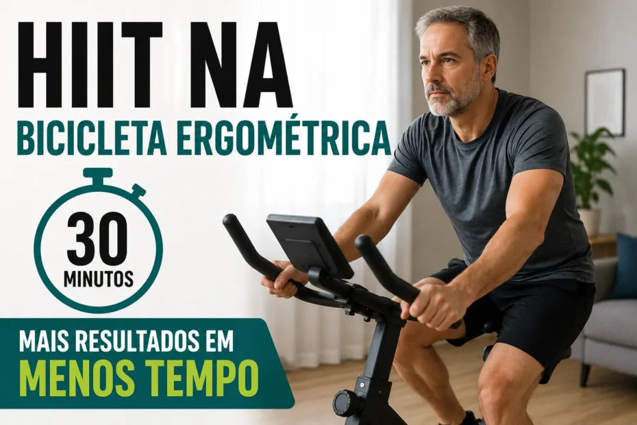 Homem maduro pedalando em bicicleta ergométrica durante treino HIIT de 30 minutos, com destaque para intensidade variável e exercício de baixo impacto.