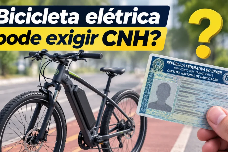 Bicicleta elétrica preta em destaque, com o título “Bicicleta elétrica pode exigir CNH?” sobre fundo claro e clean.