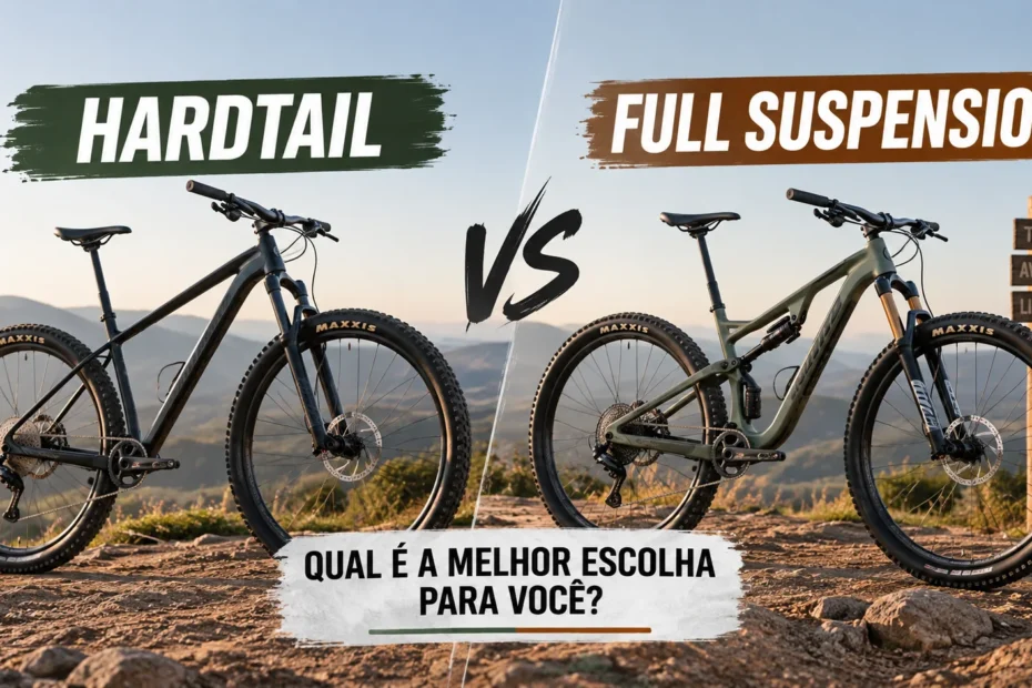 Hardtail vs Full Suspension: comparação entre duas mountain bikes em trilha de montanha.