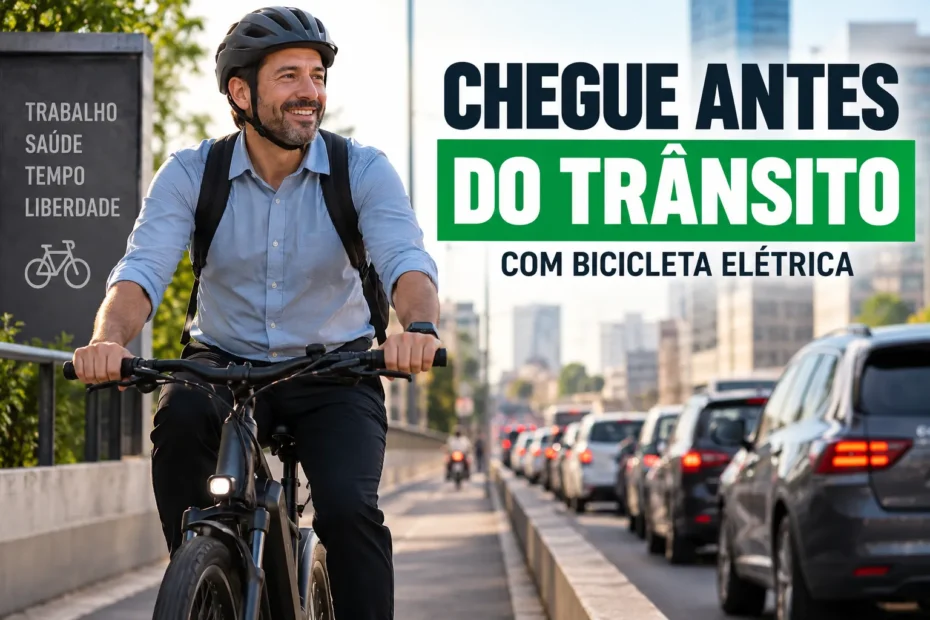 Homem sorrindo pedala uma bicicleta elétrica em uma ciclovia urbana enquanto carros enfrentam trânsito intenso ao lado. A imagem destaca a bicicleta elétrica como alternativa para chegar mais rápido ao trabalho.