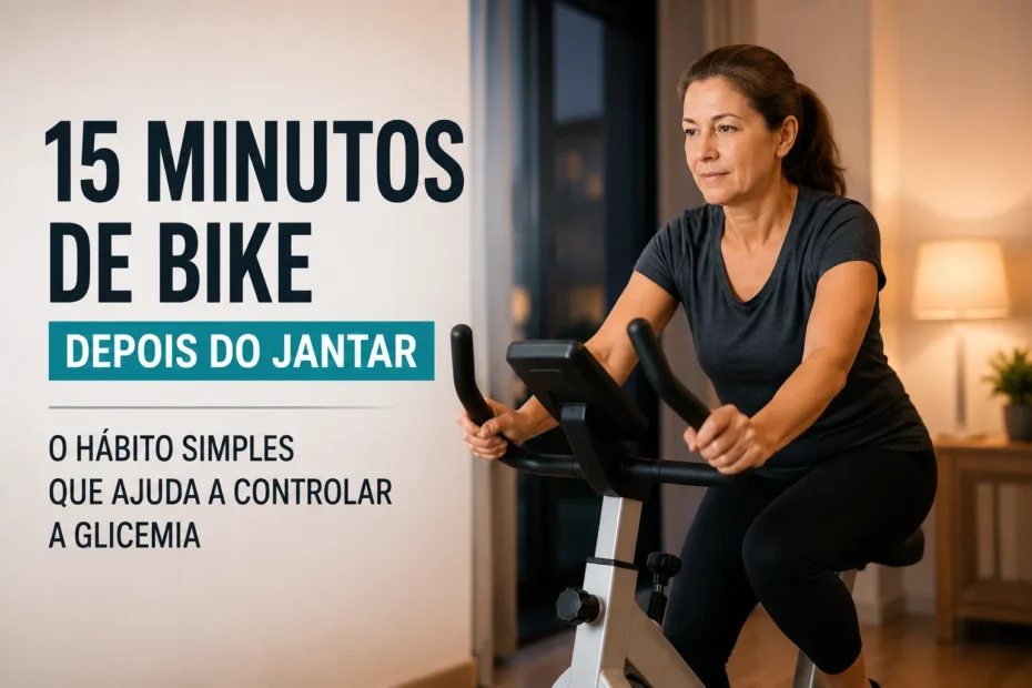 Mulher de meia-idade pedalando em uma bicicleta ergométrica em casa, durante a noite, com o texto “15 minutos de bike depois do jantar” destacando o hábito de exercício para ajudar no controle da glicemia.